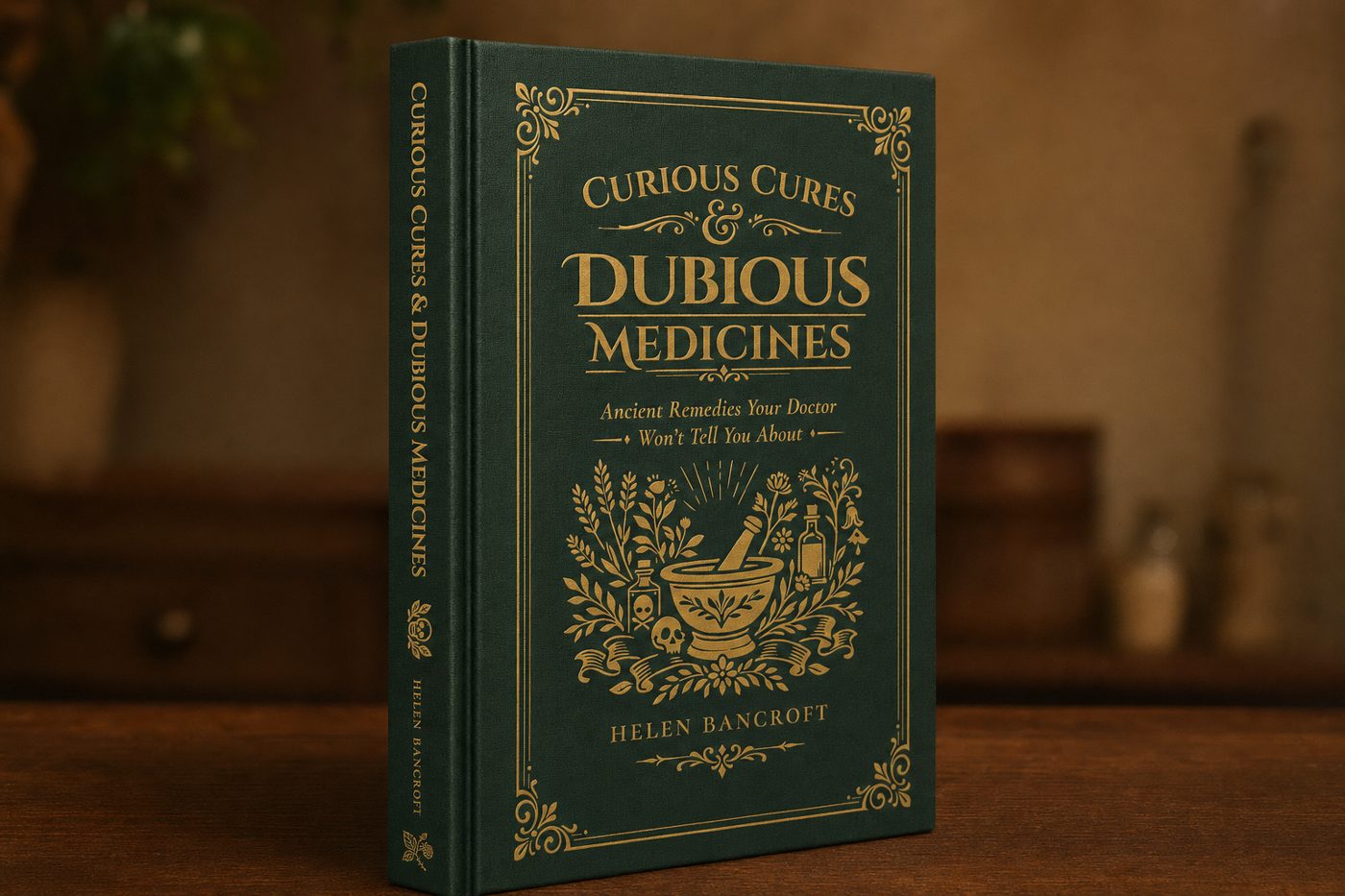 Curious Cures & Dubious Medicines, a green cloth hardback with gold foil