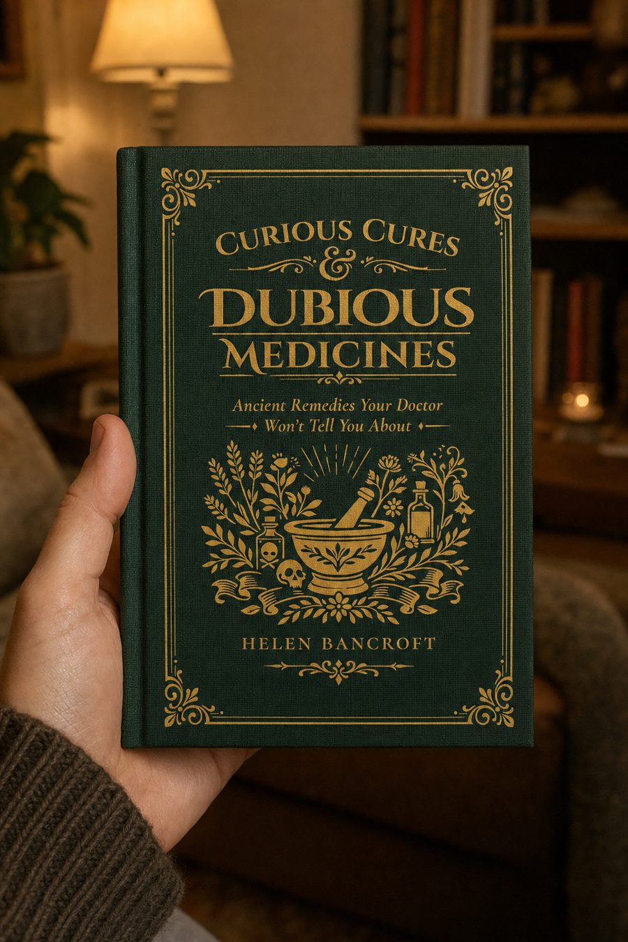Curious Cures & Dubious Medicines held in one hand